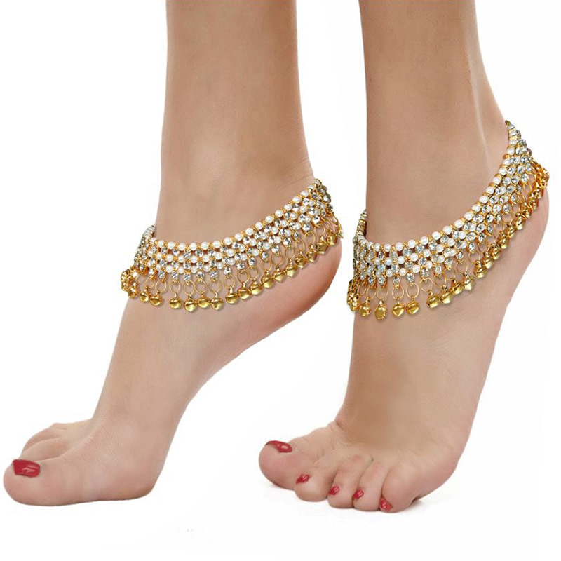 Golden Plated Kundan Payal With Ghungroo and Pearl Jewellery