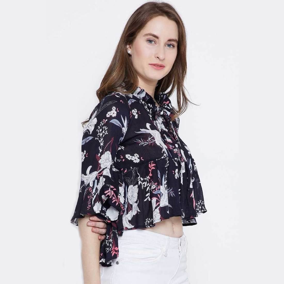 Bell Sleeve Floral High Low Crop Top, Western Wear, Tops Free Delivery ...