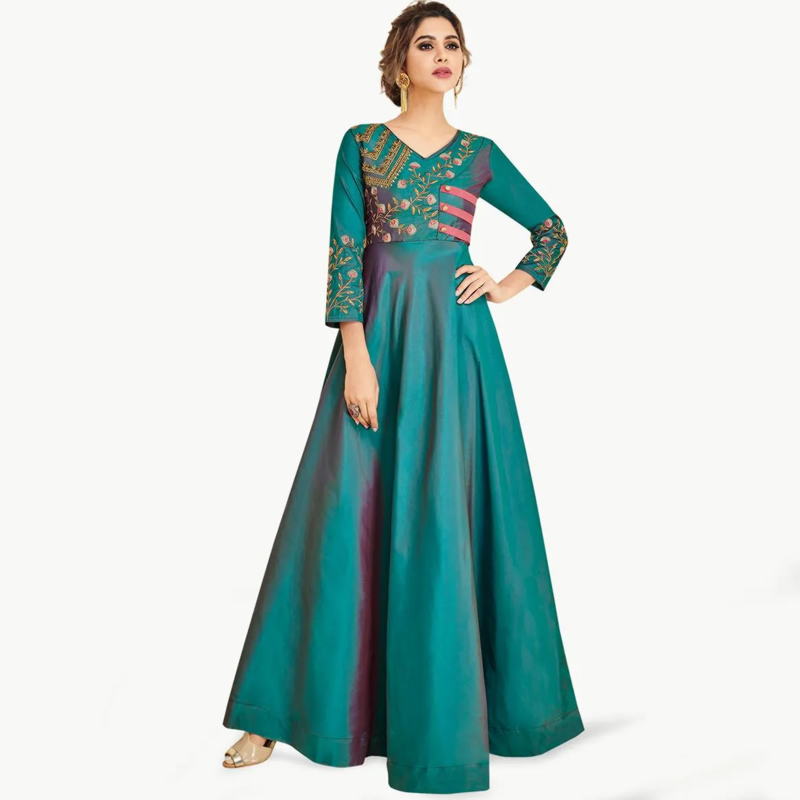 Green Color Weaving Zari Work Rangoli Silk Gown
