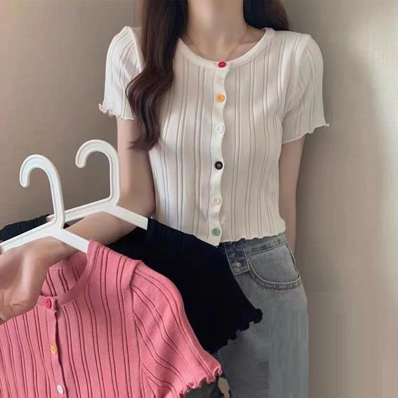 O-Neck Front Button Short Sleeve European Style knitted Korean Crop Top ...