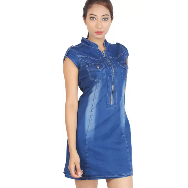 High Neck Mini Dark Blue Denim Dress, Western Wear, Dresses Free ...