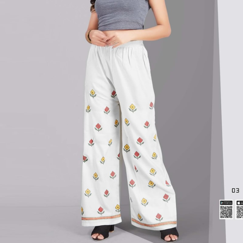 Off-white cotton straight pants with dori embroidery at hem. – Kora India