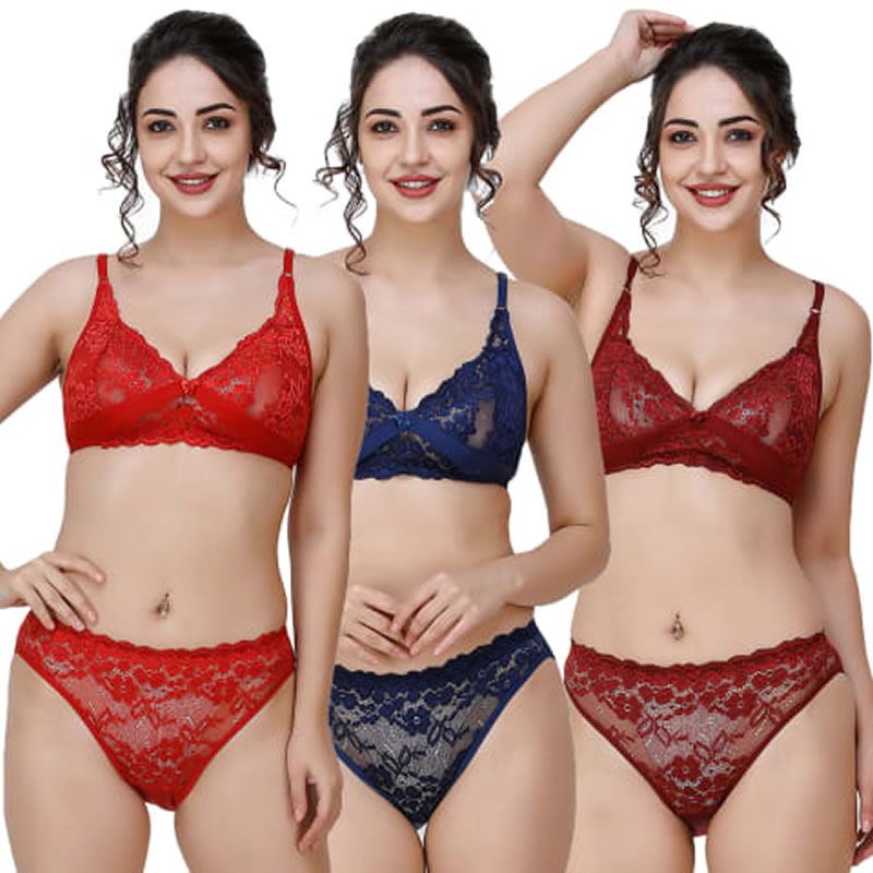 Net Lace Floral Embroidered Bra Panty - 3 Set, Lingerie, Bra and Panty Sets  Free Delivery India.