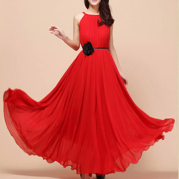 Cute Red Spaghetti Strap Solid Below Knee Maxi Dress, Western Wear ...