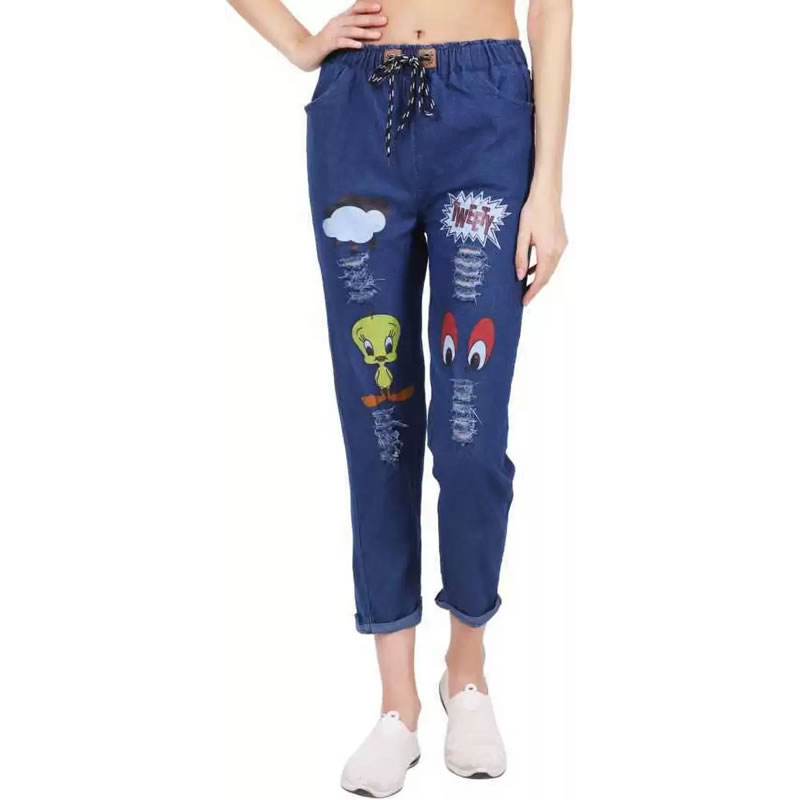 Cute Cartoon Print Girls Blue Denim Joggers Jeans, Western Wear