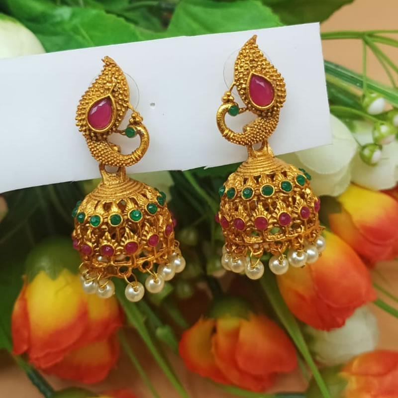 Anikas Creations Traditional Gold Plated Floral Shape Designer Red Stone  and Pearl Jhumka Buy Anikas Creations Traditional Gold Plated Floral  Shape Designer Red Stone and Pearl Jhumka Online at Best Price in