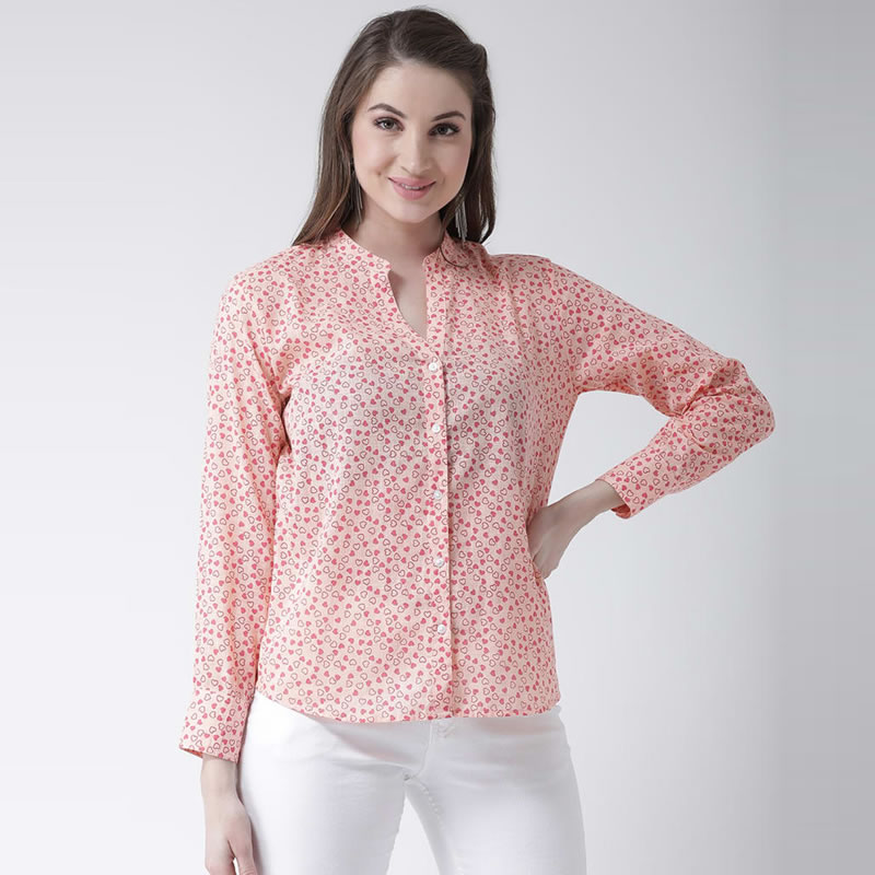 Printed Mandarin Collar Women Shirt Top