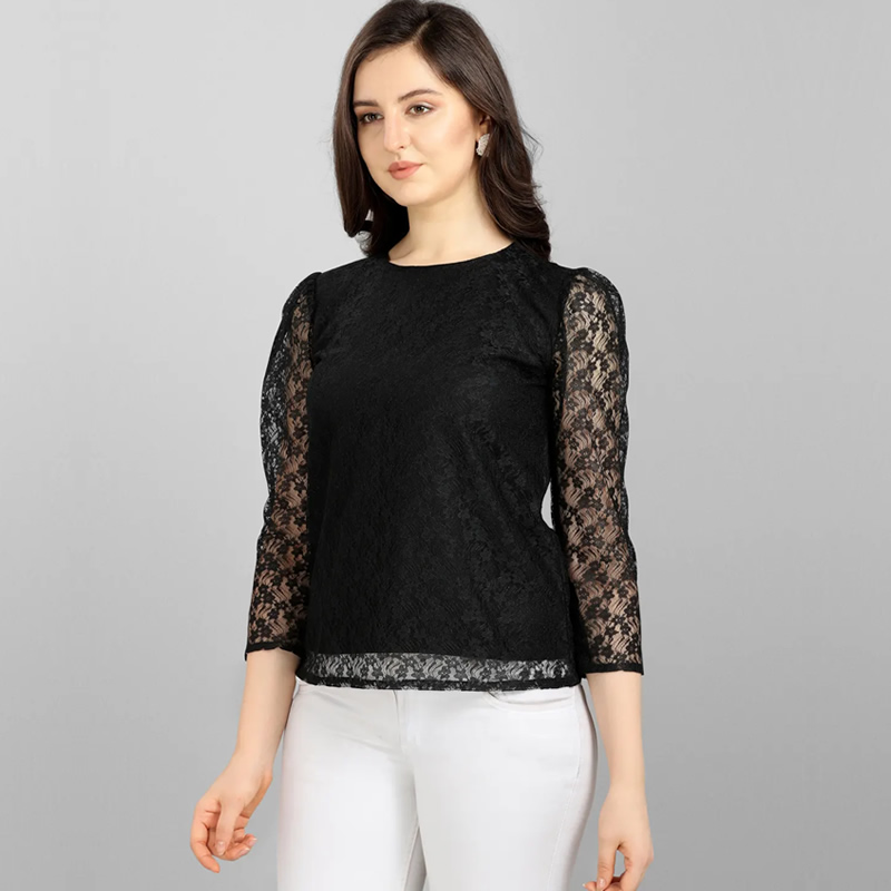 Black Round Neck High Quality Fashion Lace Top , Western Wear, Tops ...