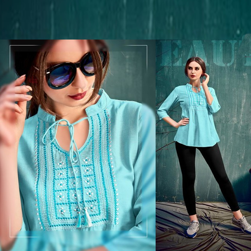 Littledesire Embroidered Work Light Blue Top, Ethnic Wear, Short Kurti ...