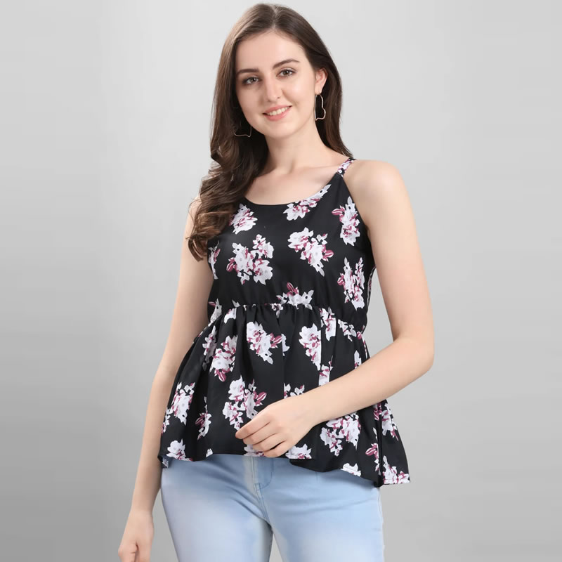 Floral Crepe Round Neck Top, Western Tops Free Delivery India.