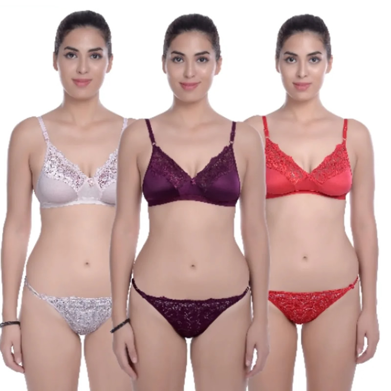 Bridal Premium Lace Soft Net Bra Panty - 3 Set, Lingerie, Bra and Panty Sets  Free Delivery India.