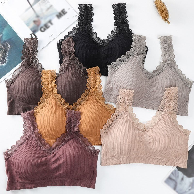 Deep V Neck Lace Design Seamless Padded Bralette, Lingerie, Sports Bra ...