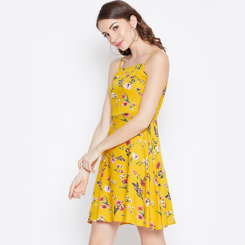 Yellow Floral Print Shoulder Strap Dress, Western Wear, Dresses Free ...