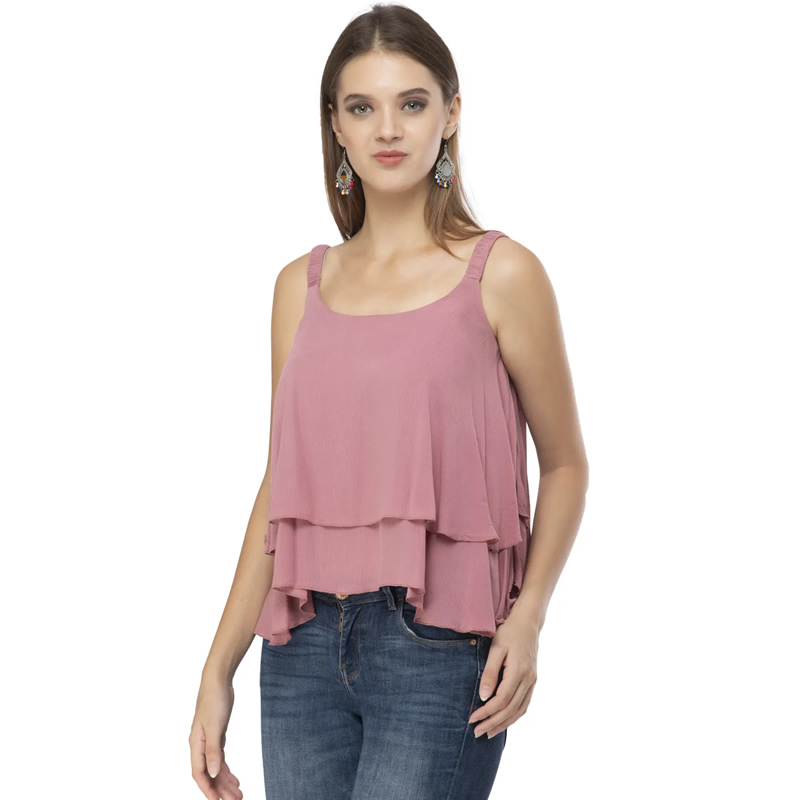 Frills Solid Sleeveless Tiered Raffled Tank Top, Western Wear, Tops ...