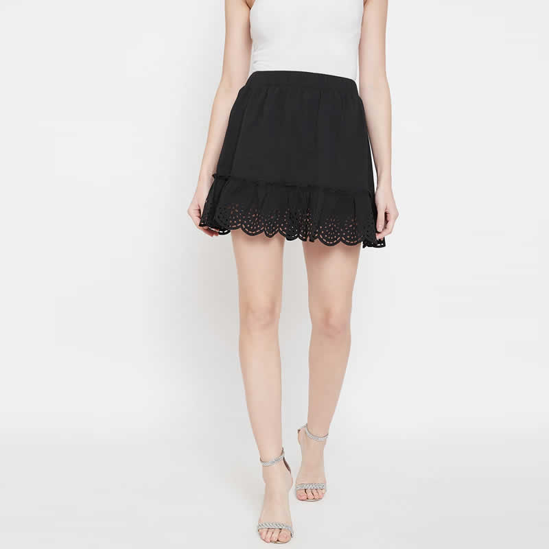 Black Solid Laser Cut Mini Flared Skirt, Western Wear, Shorts & Skirts ...