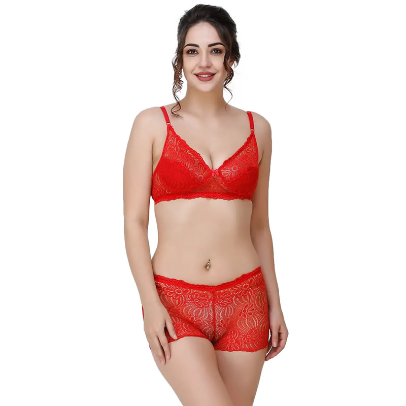 Net Lace Floral Embroidered Bra and Boyshort Panty Set, Lingerie