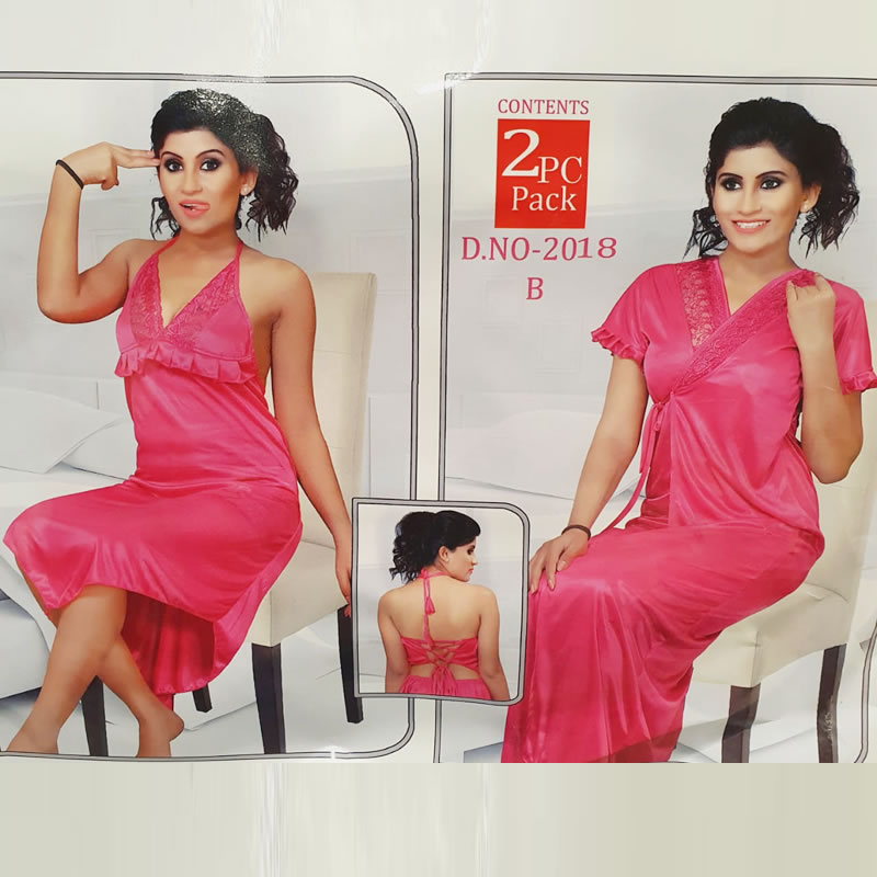 Deep V Neck Satin Long Wrap Gown Nighty 2pcs