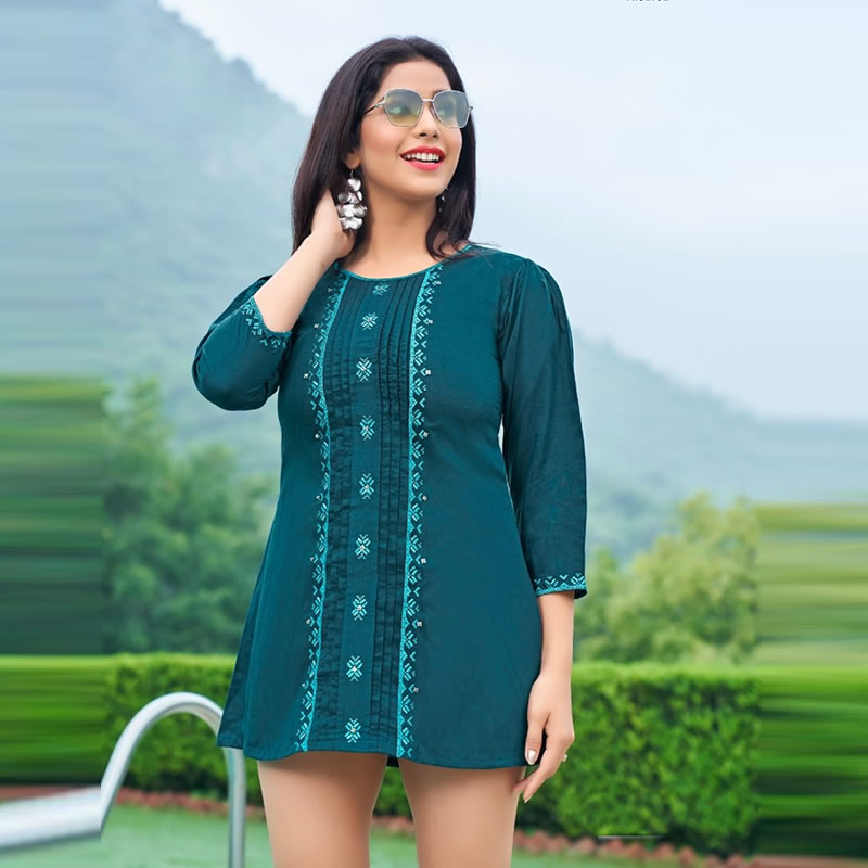 Cotton Lakhnavi Short Kurtis For Women Latest Embroidery Tunic Tops