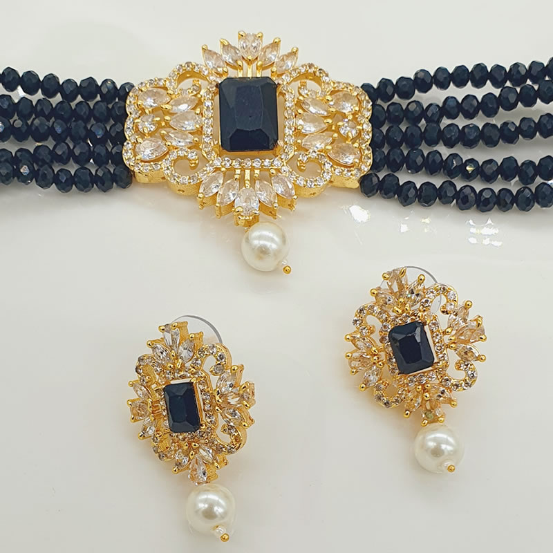 Stylish CZ White & Black Stone Moti Choker Necklace Set, Jewellery ...