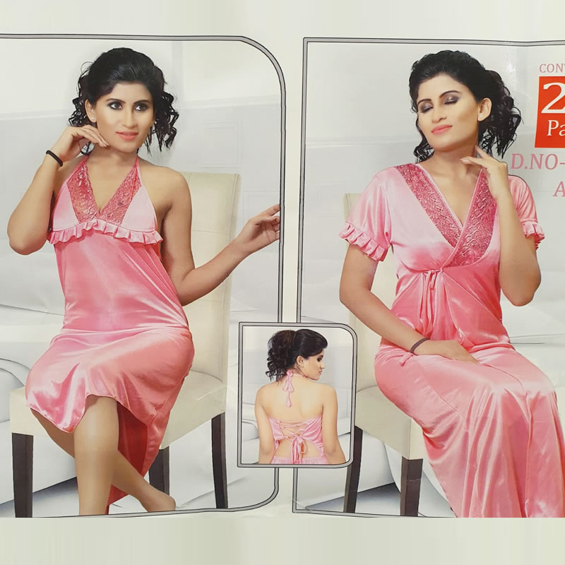 Deep V-Neck Satin Long Wrap Gown & Nighty 2pcs, Lingerie, Satin