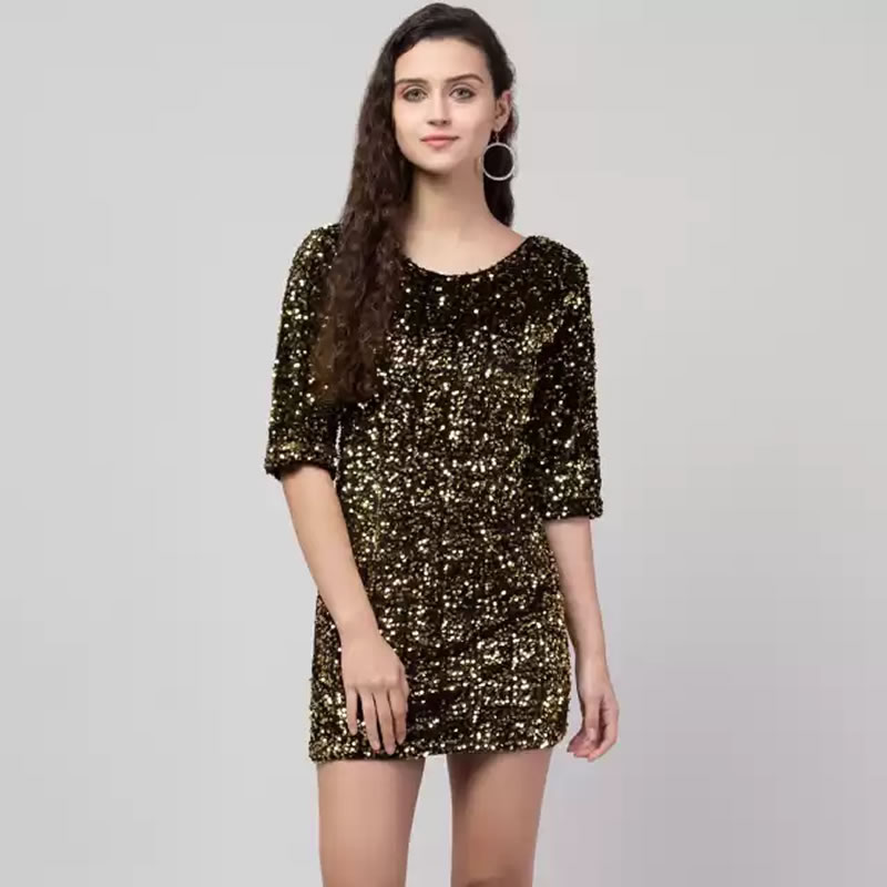 Round Neck Sequins Party Wear Mini ...