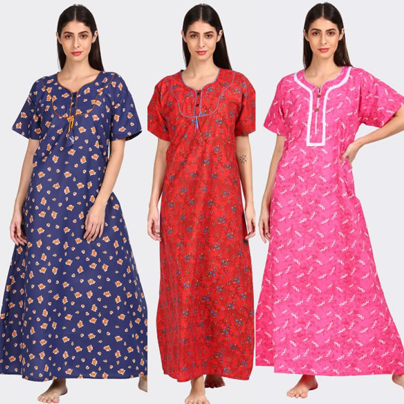 Cotton Round Neck Floral Print Nighty Pack of 3, Lingerie, Cotton Nighty  Free Delivery India.