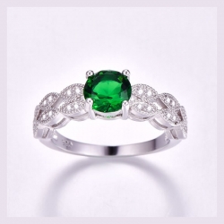 Round Shape Green & White Cubic Zirconia Silver 925 Ring 