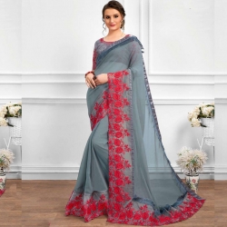Red Floral Embroidered Bangalori Silk Party Wear Saree