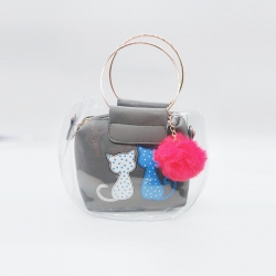 Cat Print Pom-Pom Fur Ball Transparent Shoulder Sling Bag