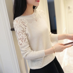 Hollow-Out Pullover Knitted Sleeves Lace Beading Collar Sweater Top