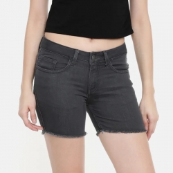 Mid-Rise Grey Denim Shorts With Frayed Hems