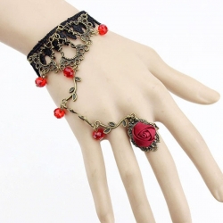 Black Lace Flower Vine Beads Bracelet With Rose Ring 