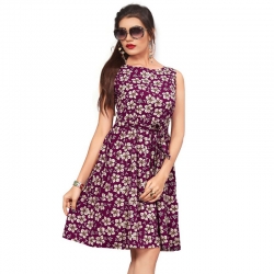 Littledesire Boat Neck Floral Print Purple Crepe Dress