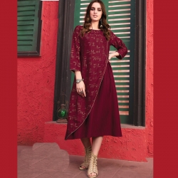 Littledesire Double Layer Round Neck Printed Maroon Kurta