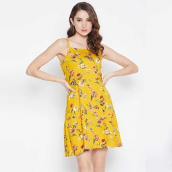 Yellow Floral Print Shoulder Strap Dress