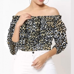 Leopard Print Off Shoulder Ruffle Crop Top