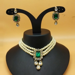 Green & Red Stone Pearls Choker Necklace Set