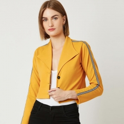 Side Stripes Mustard Solid Crop Women Jacket