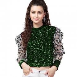 Balloon Sleeve Lace Sequins Waist Length Top