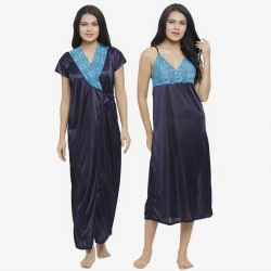 Lace design Satin Long Wrap Robe Sleepwear - 2 Pcs Set