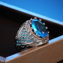 Retro Exaggerated Braided Blue Zircon 925 Sterling Silver Ring