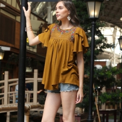 Littledesire Brown Embroidered Work Petal Sleeves Top