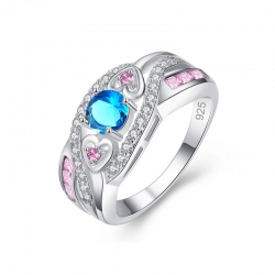 Style Round Heart Cut Pink & Blue CZ Silver 925 Ring 