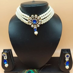 Royal Blue Statement Pearl kundan Choker Necklace Set