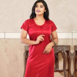 Round Neck Soft Silky Short Sleeve Satin Nighty