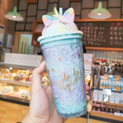 Double Layers Unicorn Ice Cup Straw Water Bottle & Milk Coffee Tea Cup