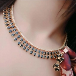 Black Stone Golden Chain Necklace & Earrings Set