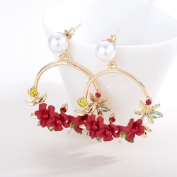  Littledesire Red Flower Circle Dangle Korean Earrings