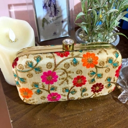 Floral Embroidery Party Wear Clutch Purses With Chain Bag