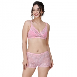 Net Lace Floral Embroidered Bra and Boyshort Panty Set